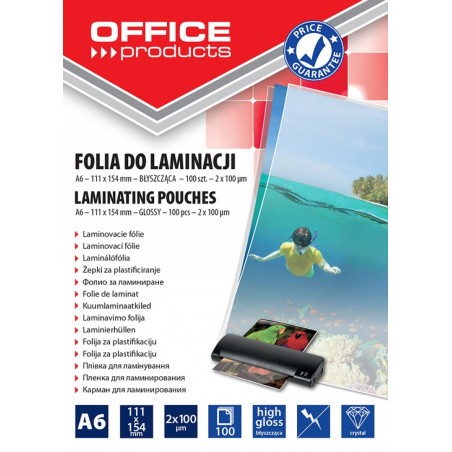 Folia do laminowania office products, a6, 2x100mikr., błyszcząca, 100szt., transparentna