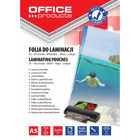 Folia do laminowania OFFICE PRODUCTS, A5, 2x80mikr., błyszcząca, 100szt., transparentna
