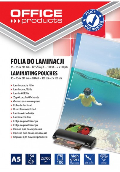 Folia do laminowania office products, a5, 2x100mikr., błyszcząca, 100szt., transparentna