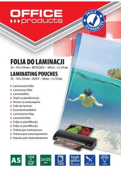 Folia do laminowania OFFICE PRODUCTS, A5, 2x125mikr., błyszcząca, 100szt., transparentna