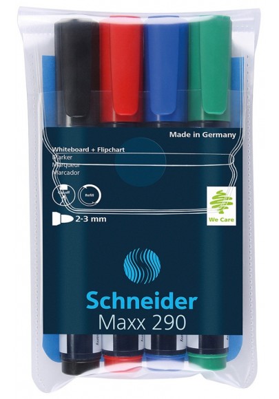 Zestaw markerów do tablic schneider maxx 290, 2-3mm, 4 szt., pudełko z zawieszką, mix kolorów