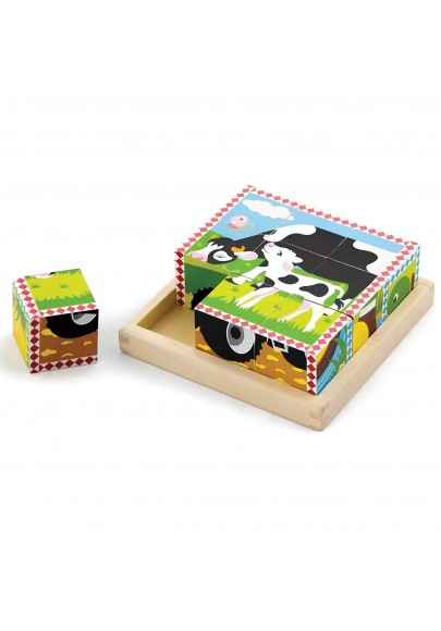 Układanka drewniana puzzle viga toys 6 klocków 6 obrazków farma