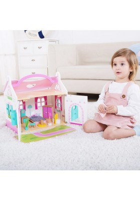 Tooky toy ogromny domek dla lalek różowy + drewniane mebelki