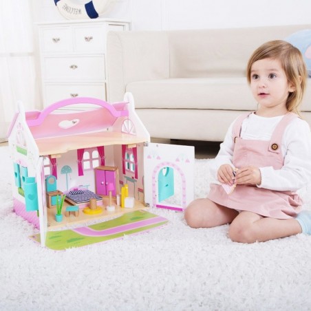 Tooky toy ogromny domek dla lalek różowy + drewniane mebelki