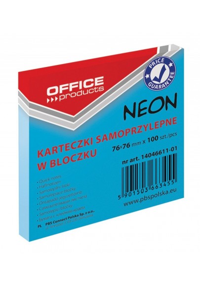 Bloczek samoprzylepny office products, 76x76mm, 1x100 kart., neon, niebieski - 12 szt