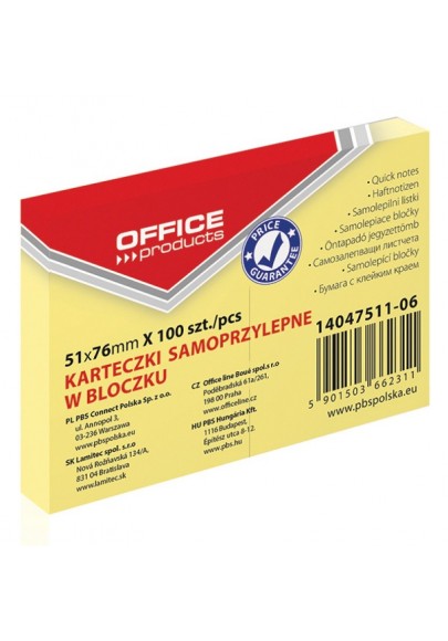 Bloczek samoprzylepny office products, 51x76mm, 1x100 kart., pastel, jasnożółty - 12 szt
