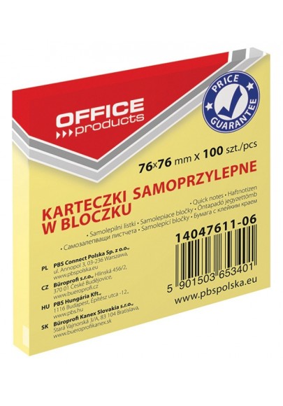 Bloczek samoprzylepny office products, 76x76mm, 1x100 kart., pastel, jasnożółte - 12 szt