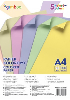 Papier kolorowy GIMBOO, A4, 100 arkuszy, 80gsm, 5 kolorów pastelowych