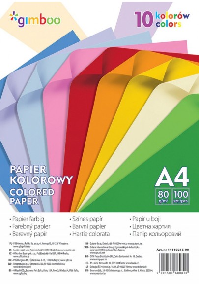 Papier kolorowy gimboo, a4, 100 arkuszy, 80gsm, 10 kolorów neonowych