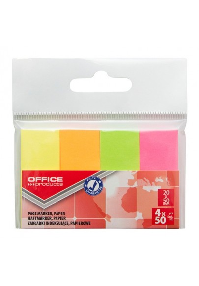 Zakładki indeksujące office products, papier, 20x50mm, 4x50 kart., zawieszka, mix kolorów neon