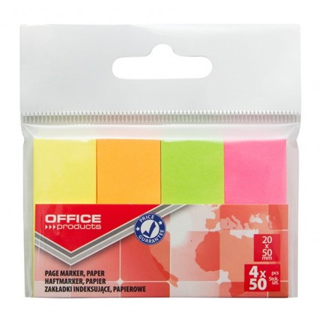 Zakładki indeksujące office products, papier, 20x50mm, 4x50 kart., zawieszka, mix kolorów neon