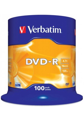 Płyta DVD-R VERBATIM AZO, 4,7GB, prędkość 16x, cake, 100szt., srebrny mat