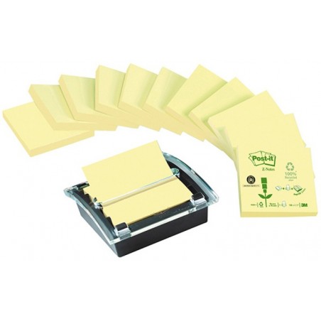 Bloczki ekologiczne POST-IT® Z-Notes (C2014Y12-1), 76x76mm, 12x100 kart., żółte + podajnik GRATIS