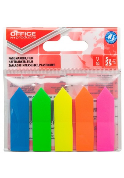 Zakładki indeksujące office products, strzałka, pp, 12x45mm, 5x25 kart., zawieszka, mix kolorów