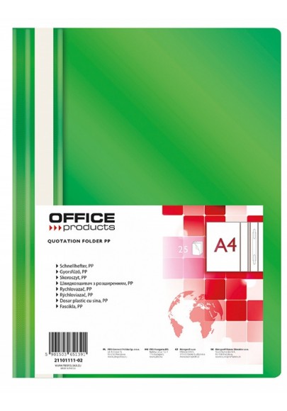 Skoroszyt office products, pp, a4, miękki, 100/170mikr., zielony - 25 szt