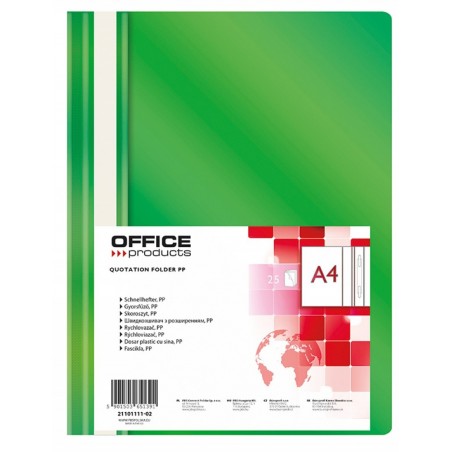 Skoroszyt OFFICE PRODUCTS, PP, A4, miękki, 100/170mikr., zielony
