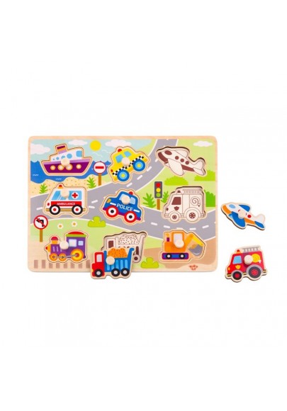 Tooky toy drewniane puzzle montessori transport pojazdy z pinezkami do dopasowania